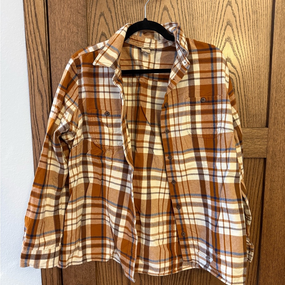 Duluth Trading Co Plaid Shirt Jacket in Rust, Cream and Blue